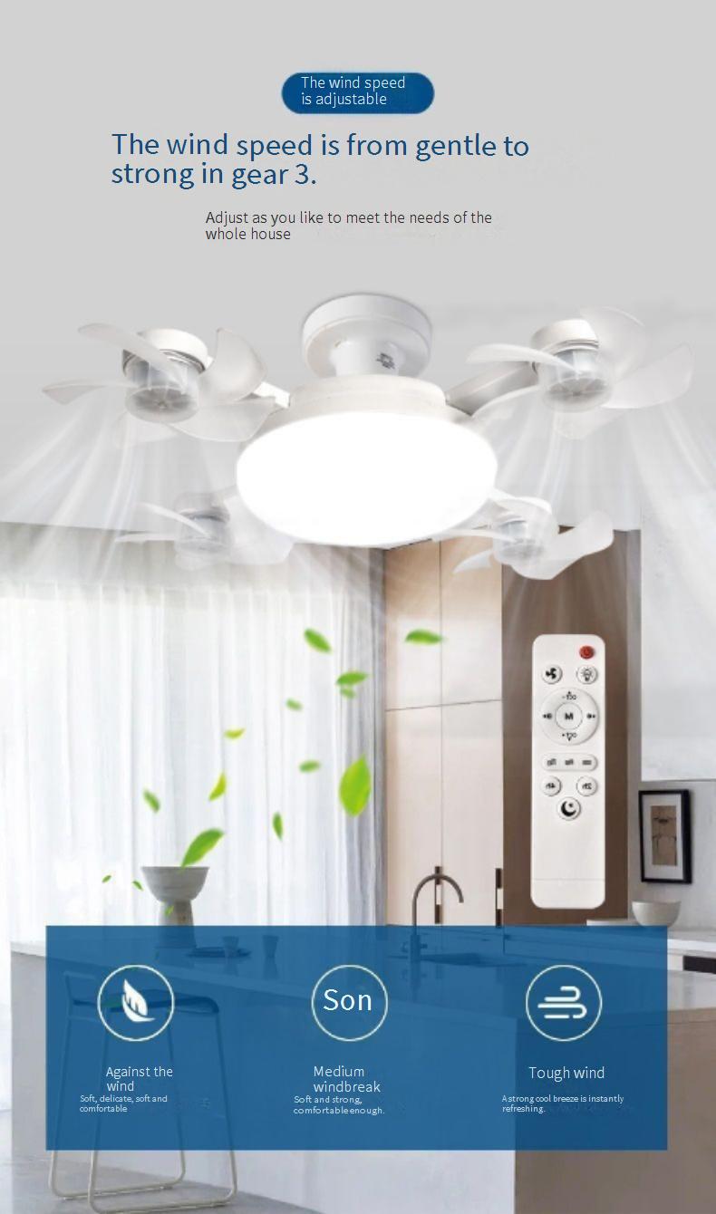 2-in-1 LED bladeless ceiling fan light with remote control, E27 lamp holder, and concealed fan blades