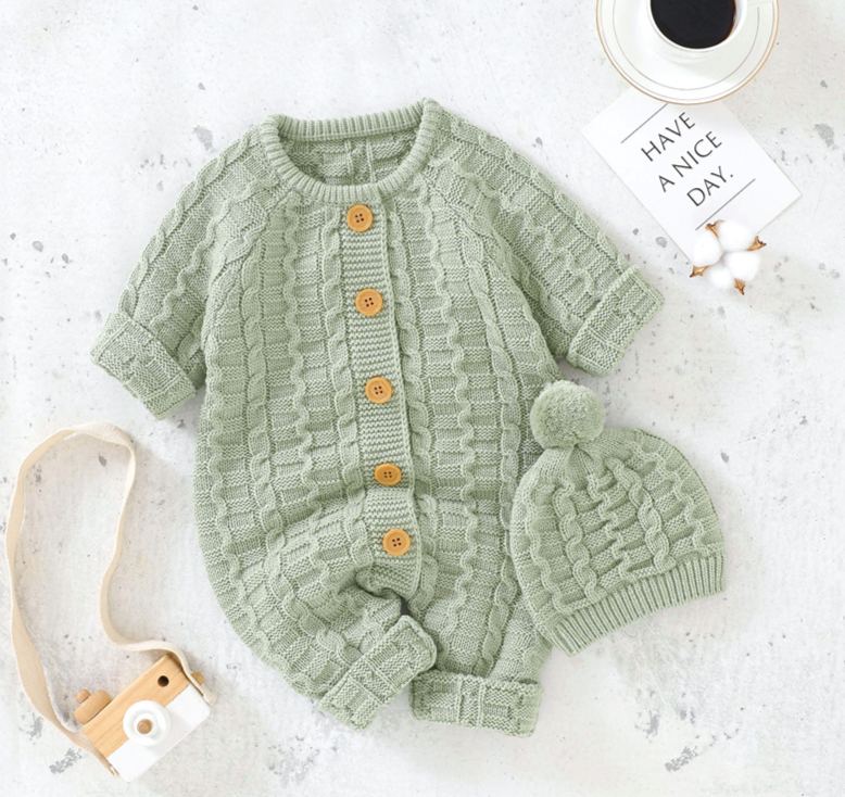 Baby Knit Romper Crawling Suit + Hat Set
