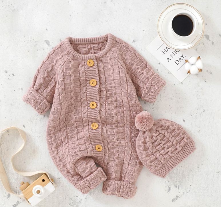 Baby Knit Romper Crawling Suit + Hat Set