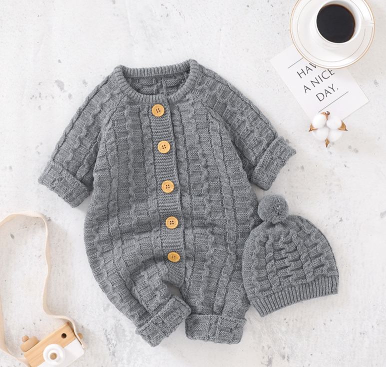Baby Knit Romper Crawling Suit + Hat Set