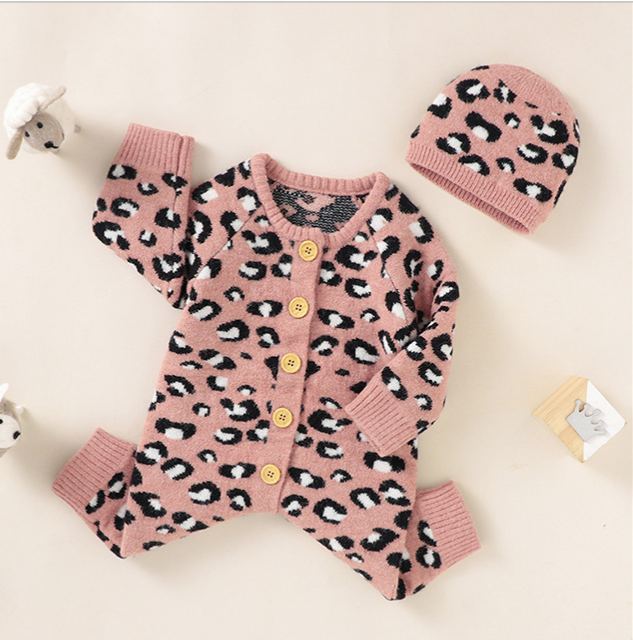 Baby Knit Leopard Print Romper Crawling Suit + Hat