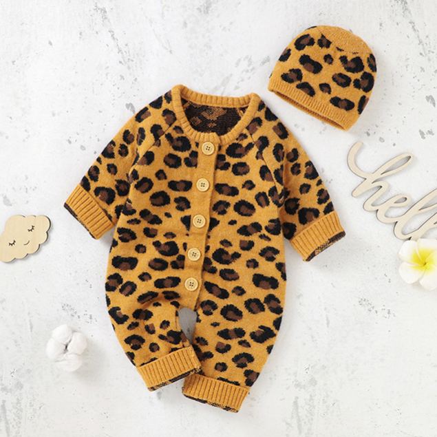 Baby Knit Leopard Print Romper Crawling Suit + Hat