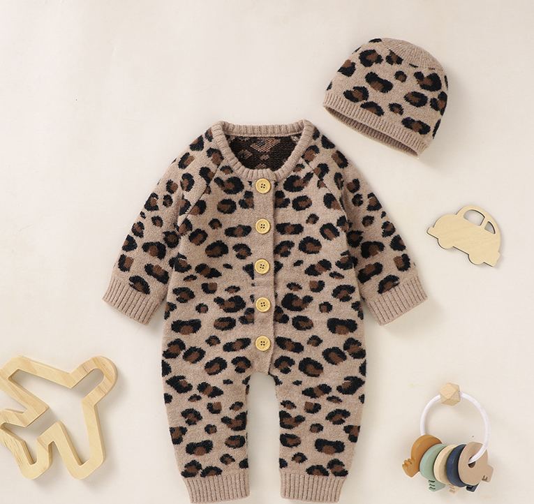 Baby Knit Leopard Print Romper Crawling Suit + Hat