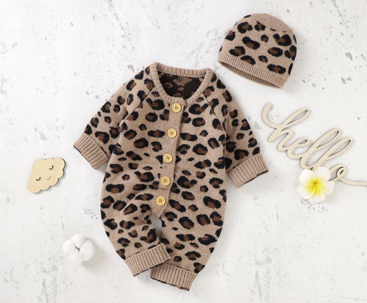 Baby Knit Leopard Print Romper Crawling Suit + Hat