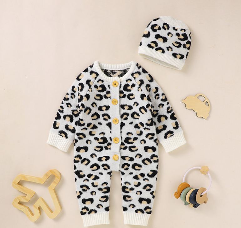 Baby Knit Leopard Print Romper Crawling Suit + Hat