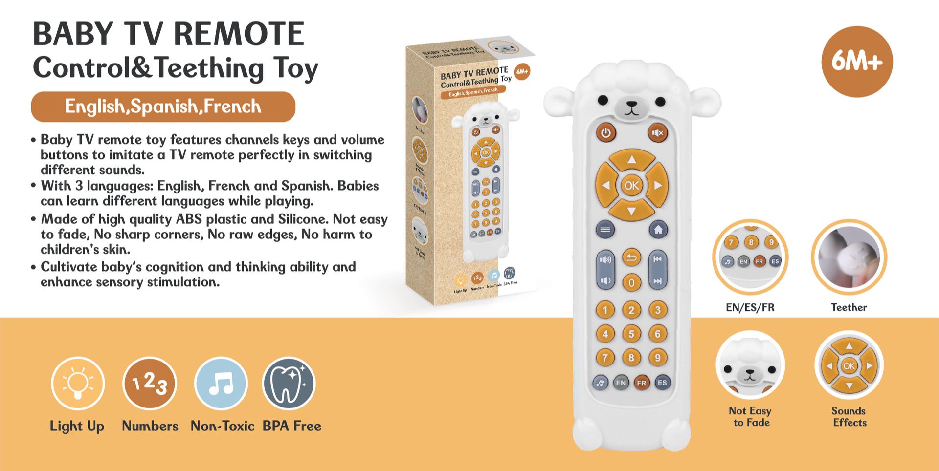 A simulated TV remote control that supports early childhood education in English, French, and Spanish