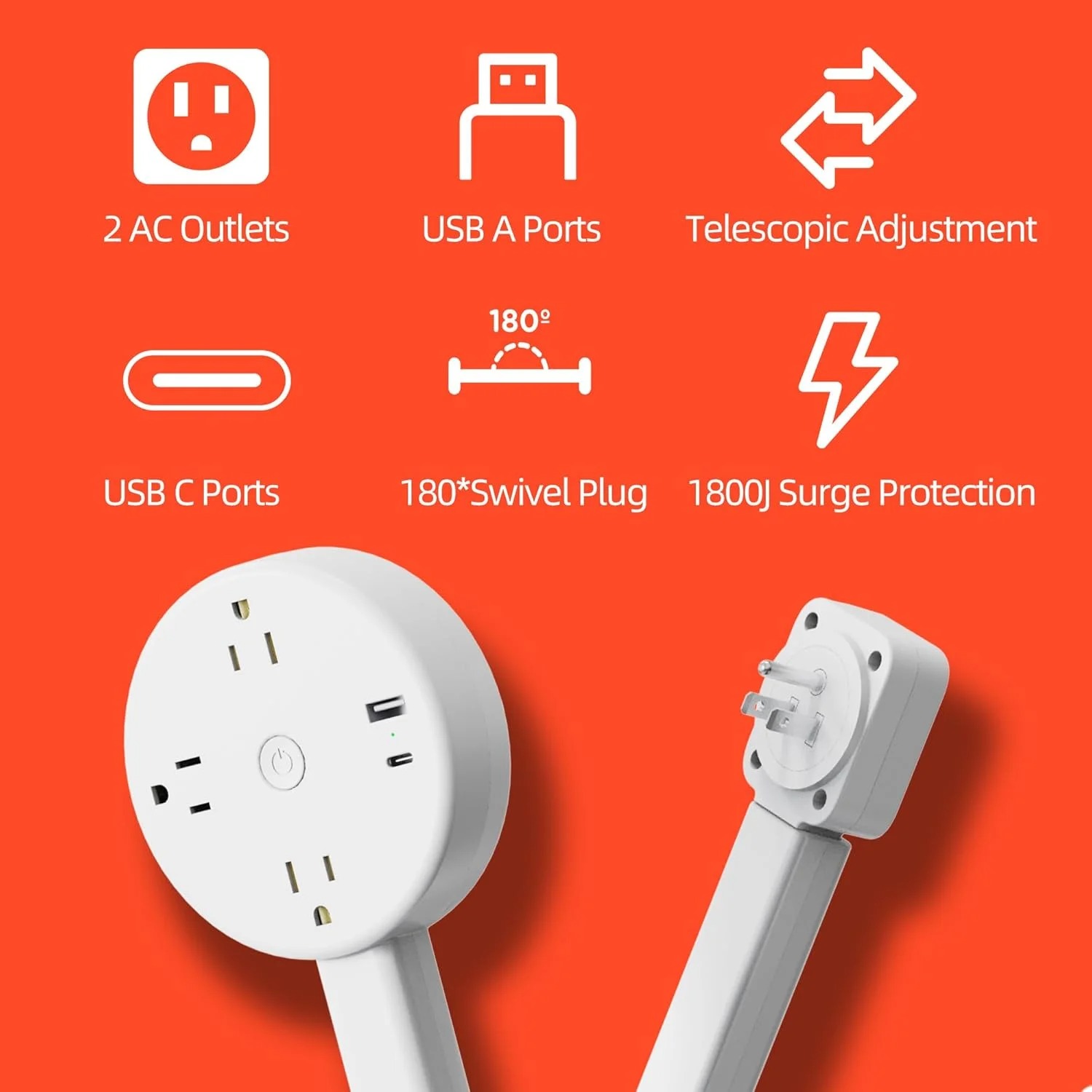 Extended and Rotating Outlet Features USB-A, USB-C, and 2 Ac Outlets