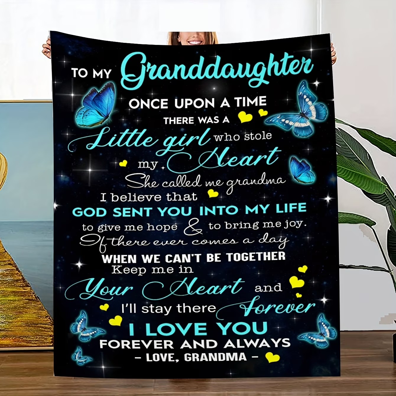 Butterfly-patterned envelope-print flannel blanket, for my granddaughter/grandmother