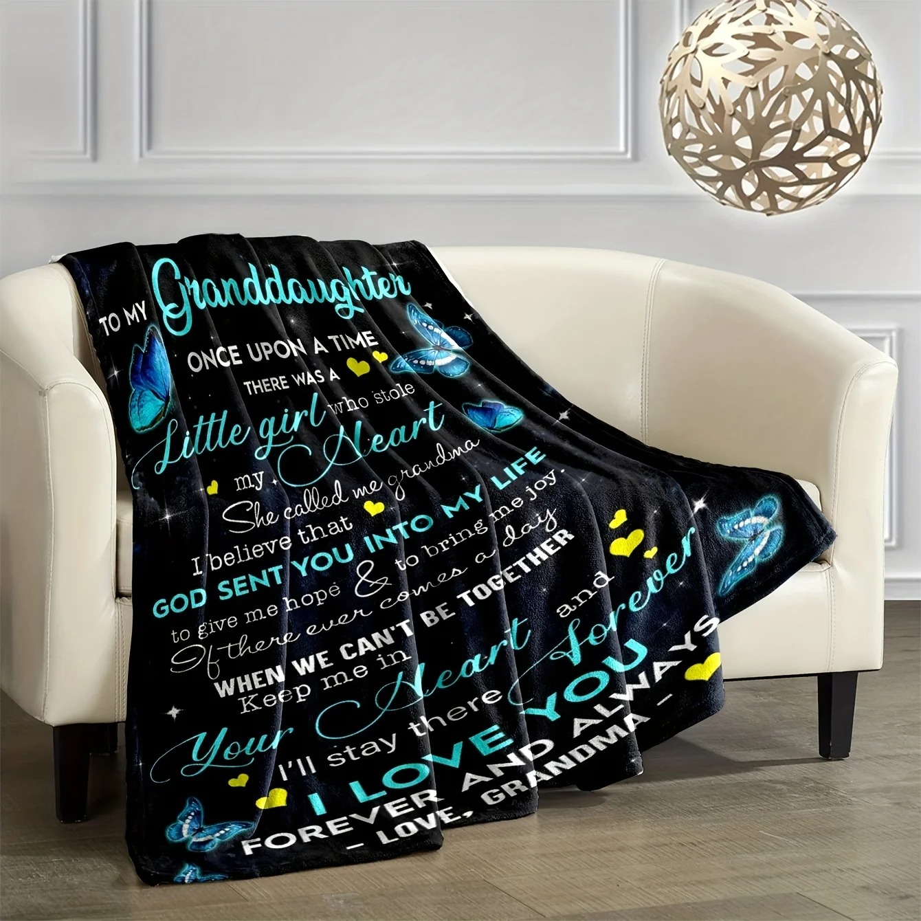 Butterfly-patterned envelope-print flannel blanket, for my granddaughter/grandmother