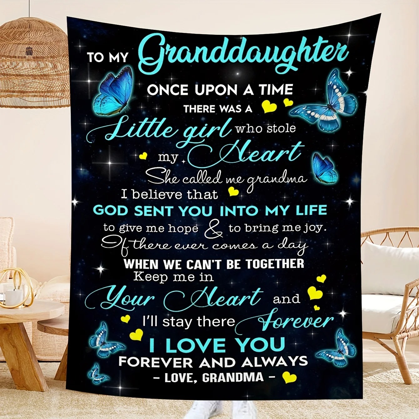 Butterfly-patterned envelope-print flannel blanket, for my granddaughter/grandmother