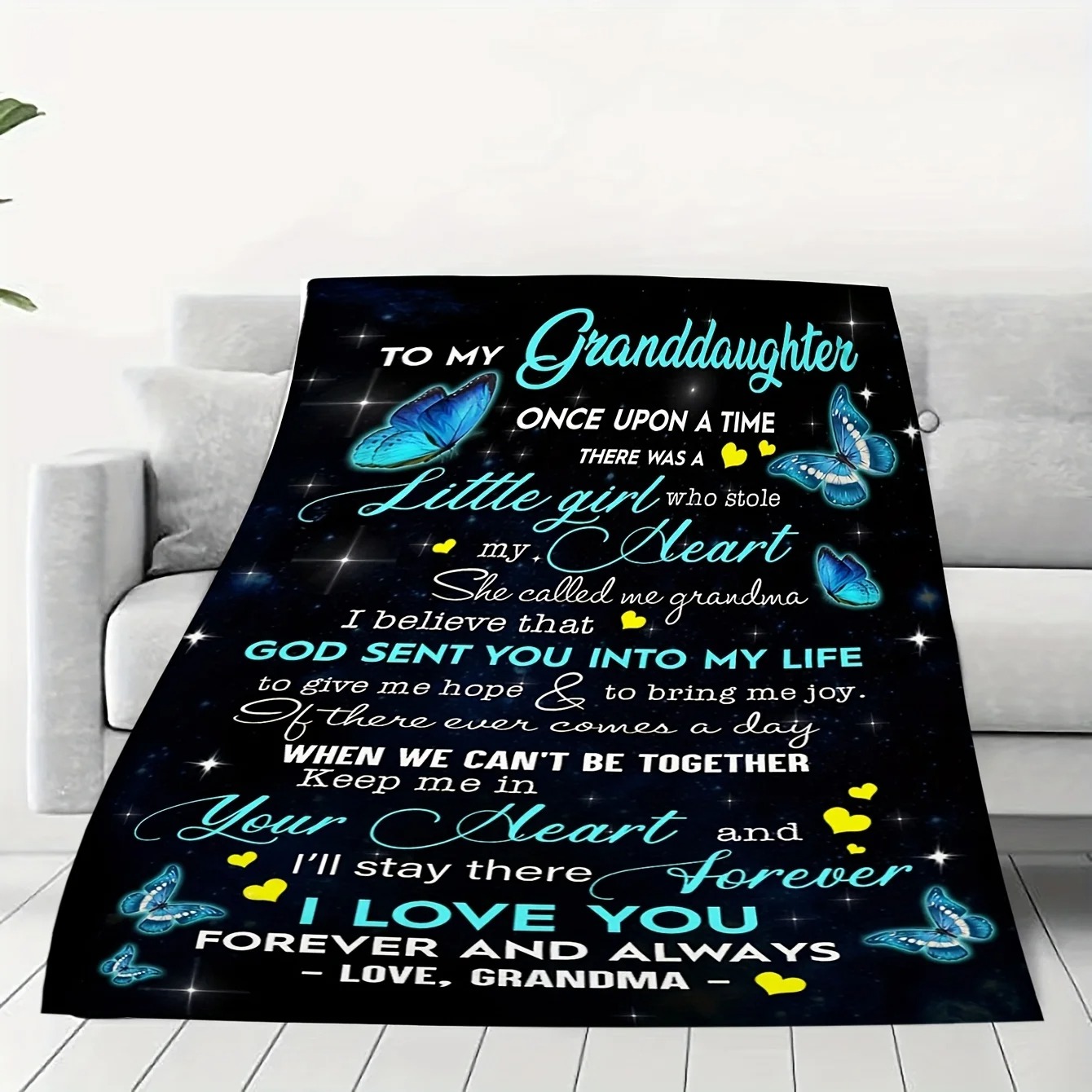 Butterfly-patterned envelope-print flannel blanket, for my granddaughter/grandmother