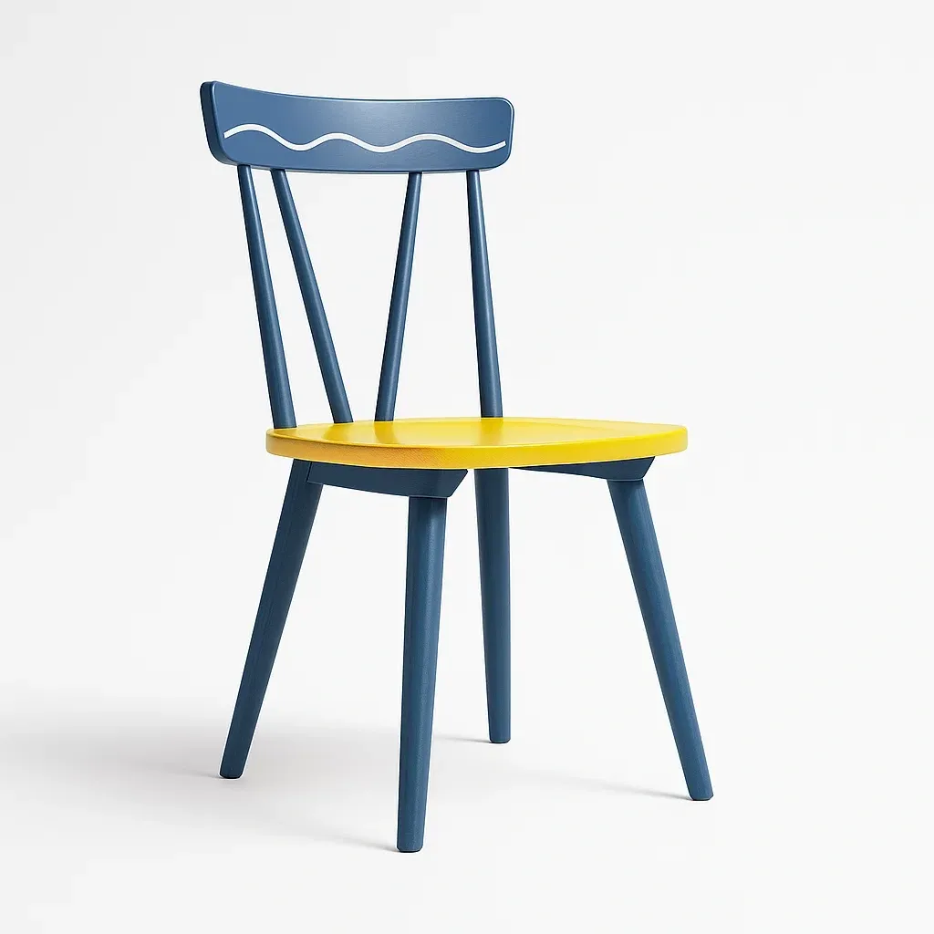 Chaise de salle à manger en bois massif bleu et jaune avec dossier incurvé et siège rond-Decofyn