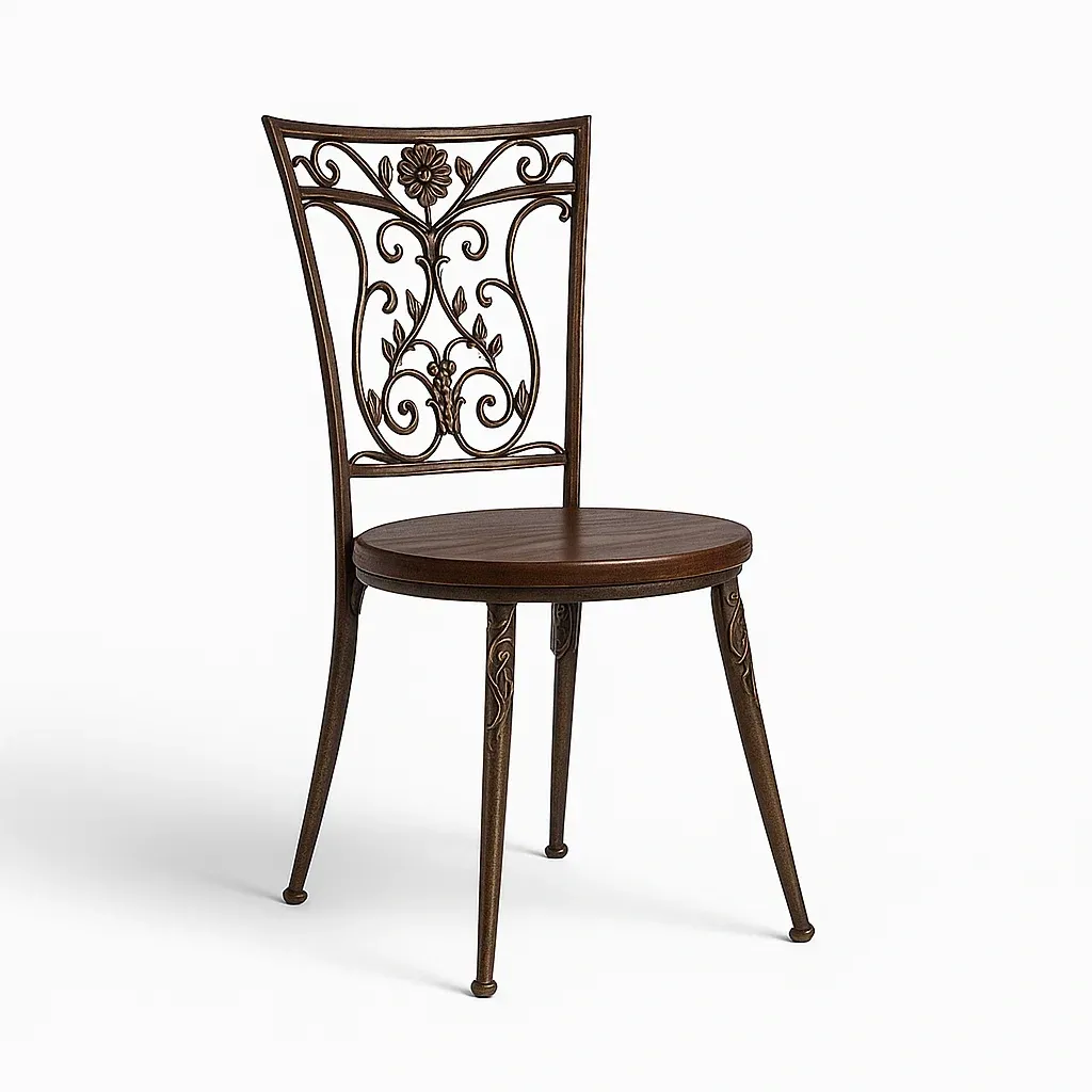 Chaise de salle à manger en métal brun avec siège en bois et dossier en fer forgé-Decofyn