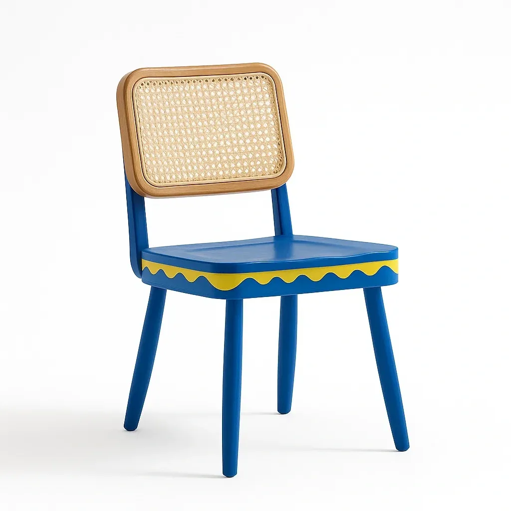 Chaise de salle à manger en bois et rotin bleu et jaune-Decofyn