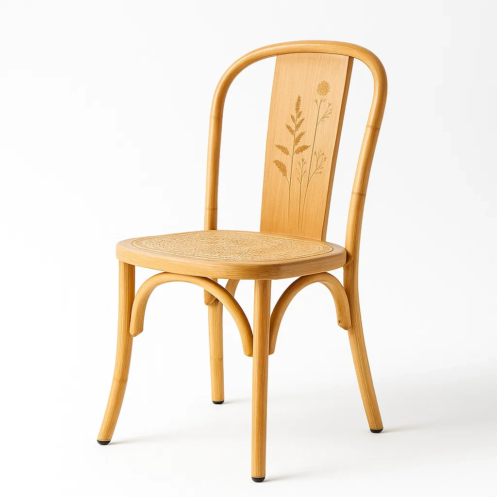 Chaise de salle à manger en bois de hêtre naturel avec assise en rotin et motif floral gravé-Decofyn