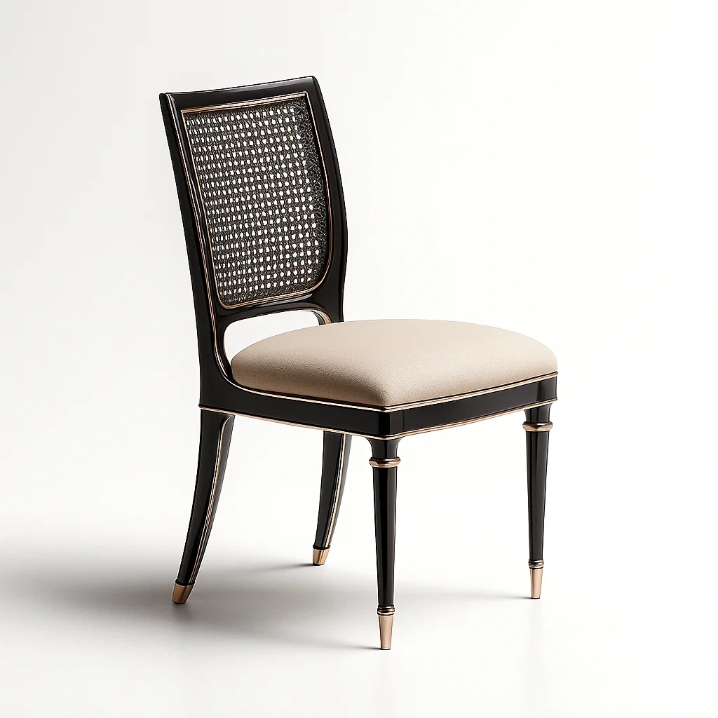 Chaise de salle à manger en bois noir avec cannage et assise en polyester beige-Decofyn