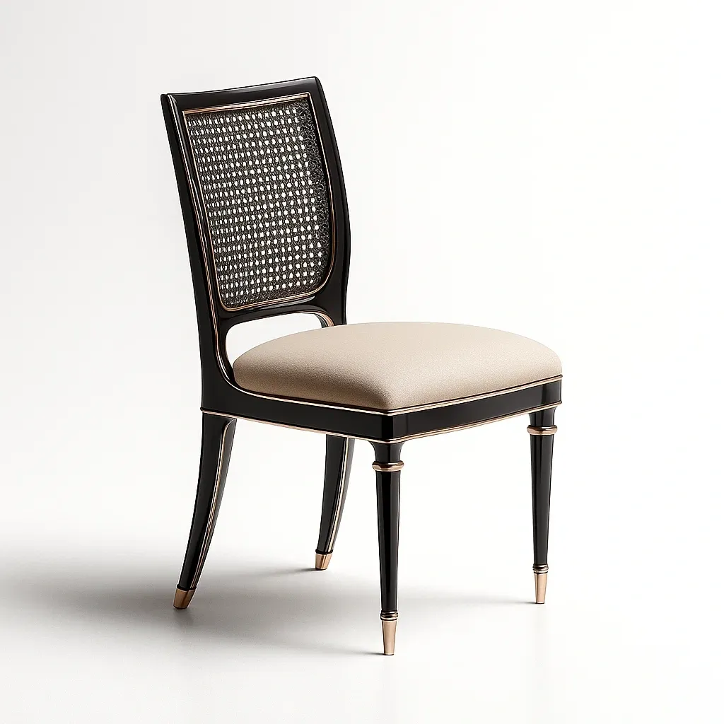 Chaise de salle à manger en bois noir avec cannage et assise en polyester beige-Decofyn