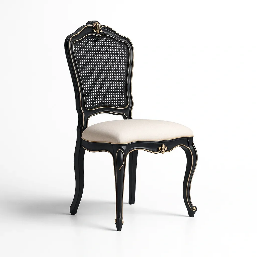 Chaise de salle à manger en bois noir avec cannage et assise en tissu-Decofyn