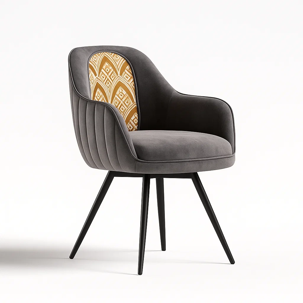 Chaise de salle à manger en velours gris et métal noir avec dossier géométrique jaune-Decofyn