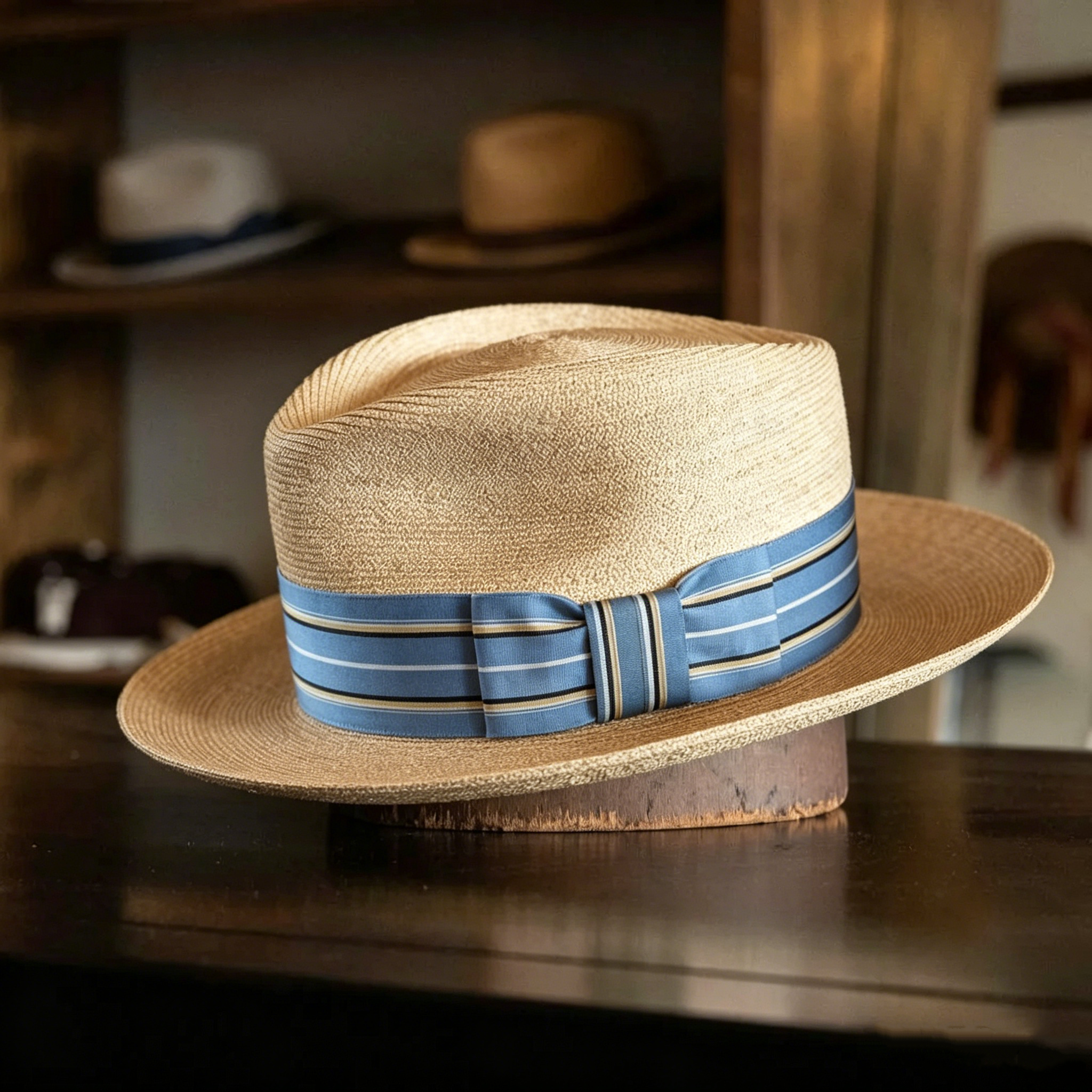 Natural Panama Hat-Blue Stripes