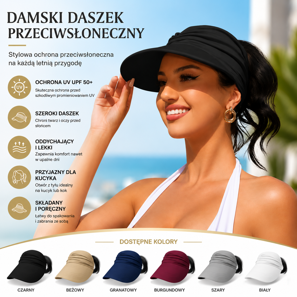 Damski kapelusz przeciwsłoneczny z filtrem UV UPF 50+