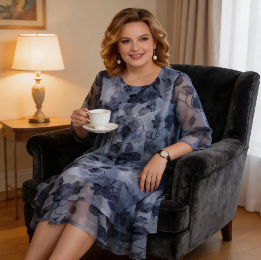 Elegancka, asymetryczna sukienka z szyfonu z krótkim rękawem i kwiatowym wzorem