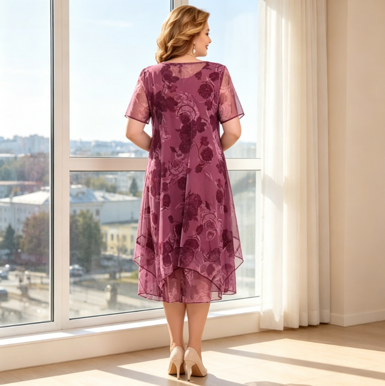 Elegancka, asymetryczna sukienka z szyfonu z krótkim rękawem i kwiatowym wzorem
