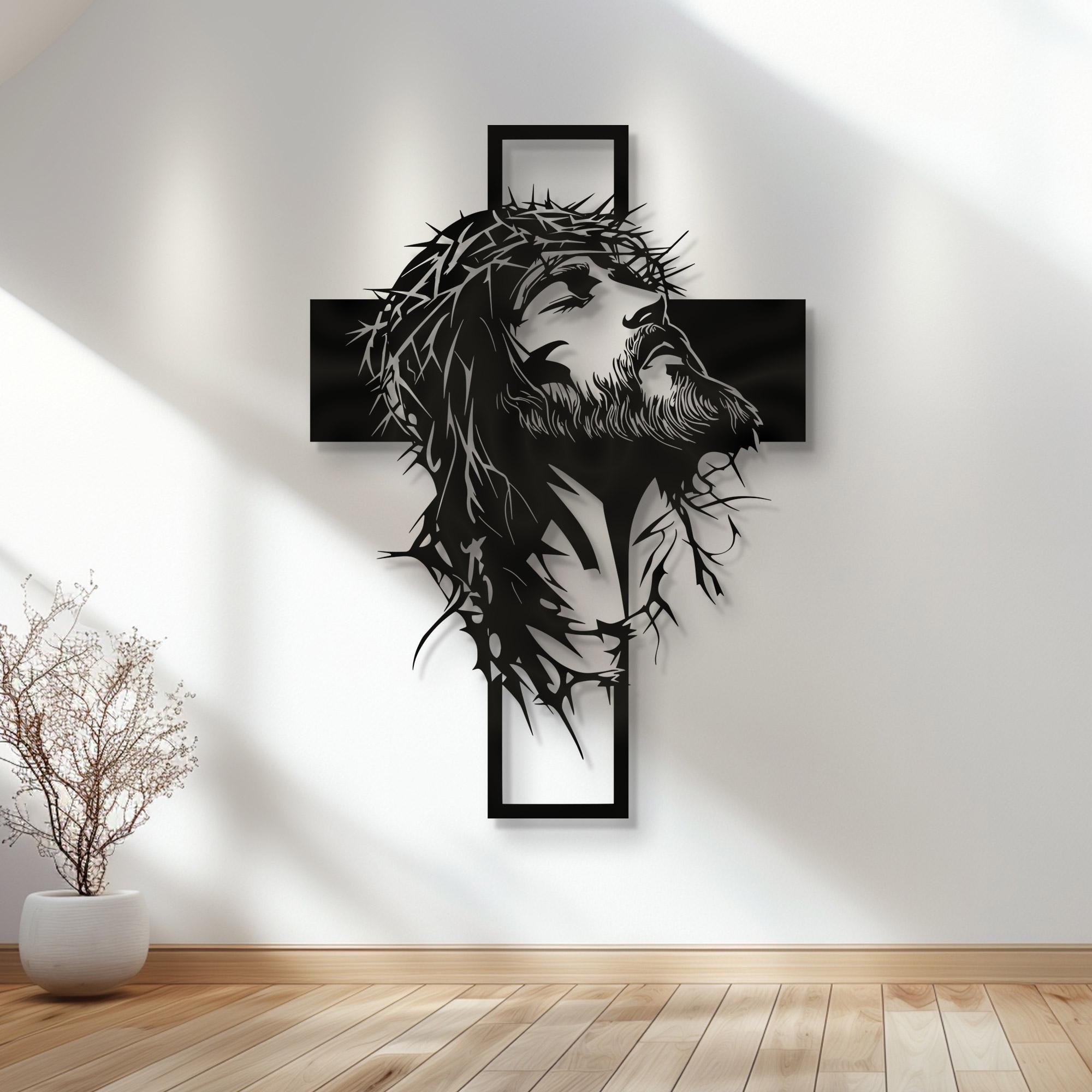 🎄✝️Metalowa dekoracja ścienna z Jezusem i krzyżem: Chrześcijański wystrój domu