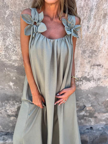 💕Sukienka damska w jednolitym kolorze z kwiatowym wzorem i dekoltem w kształcie litery U