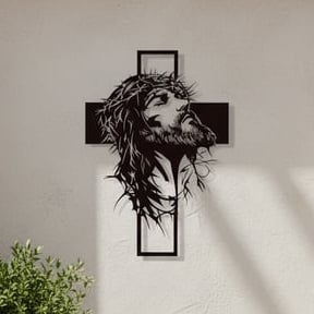 🎄✝️Metalowa dekoracja ścienna z Jezusem i krzyżem: Chrześcijański wystrój domu