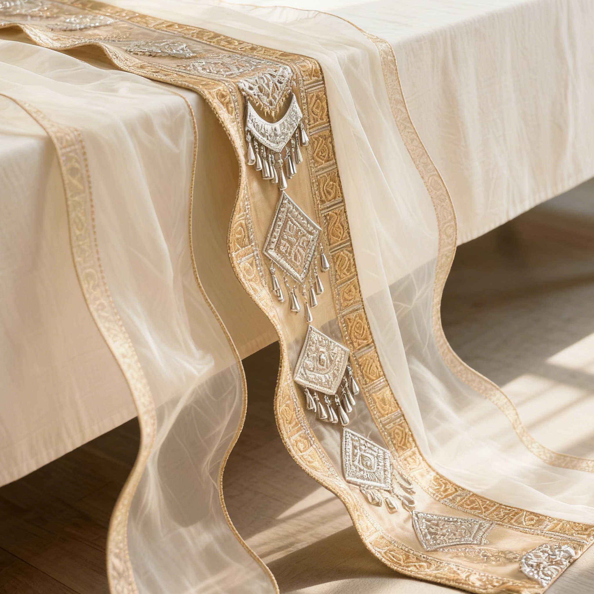 K&eacute;zzel k&eacute;sz&uuml;lt selyem asztali ter&iacute;tő eleg&aacute;ns megjelen&eacute;sben