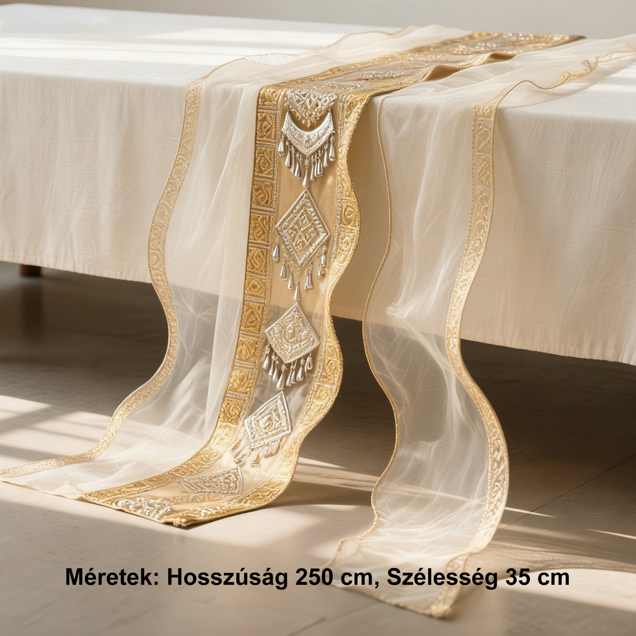 Luxus k&eacute;zműves selyem ter&iacute;tő az &eacute;tkezőasztalon