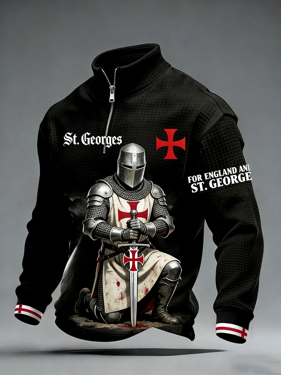 Men's  Retro St George's Day Casual Waffle Zipper Sweatshirt