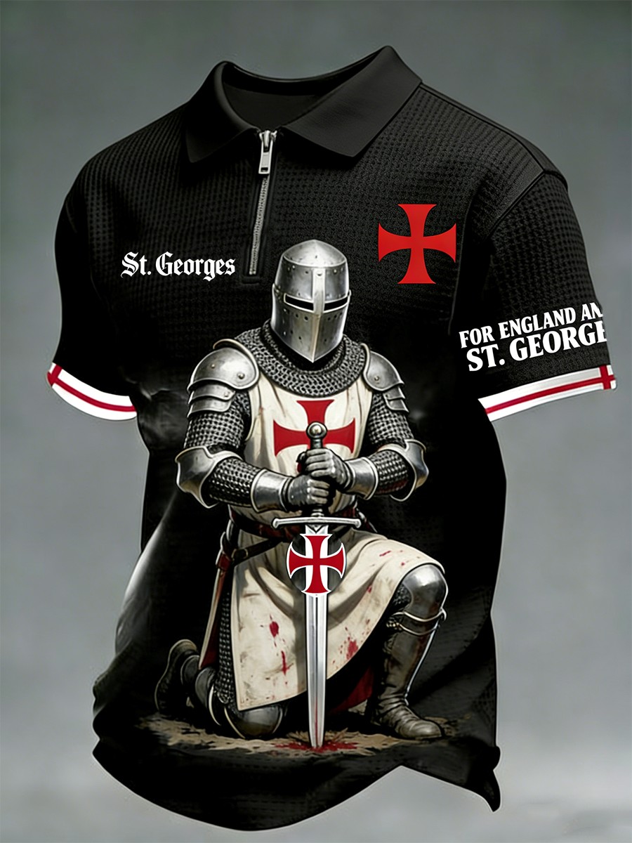 Men's  Retro St George's Day Casual Waffle Short-Sleeve Zipper Polo Shirt