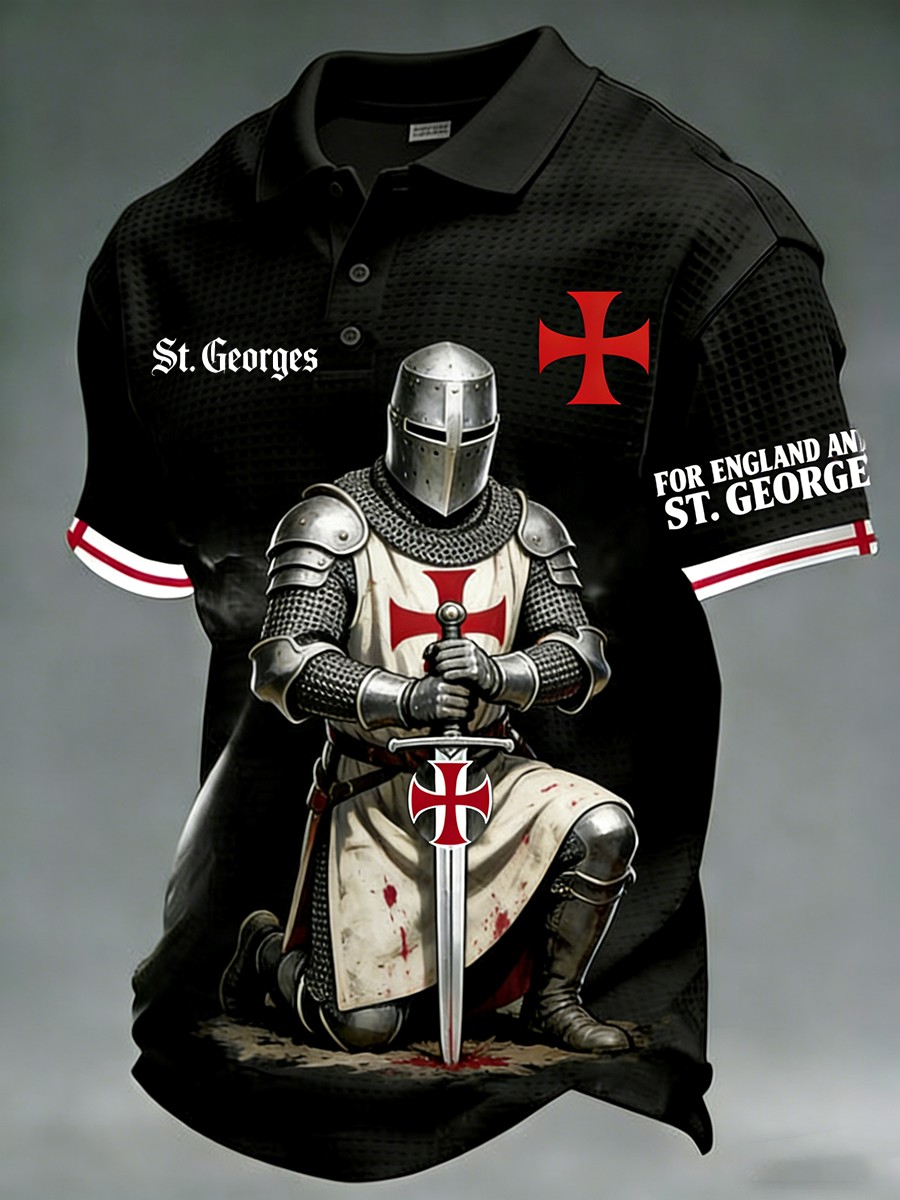 Men's  Retro St George's Day Casual Waffle Short-Sleeve  Polo Shirt