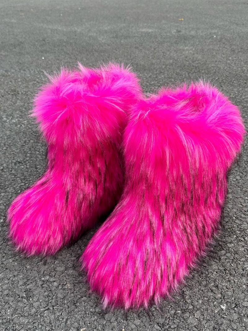 Women's Solid Color Faux Fur Boot, Fluffy Ankle Snow Boots, Warm Comfortable Outdoor Flat Shoes for Cold Winter, Trending Shoes