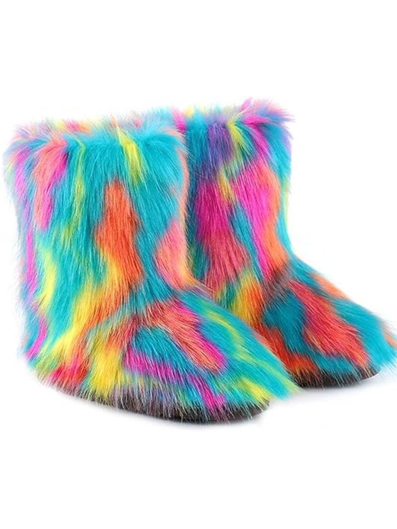 Women's Solid Color Faux Fur Boot, Fluffy Ankle Snow Boots, Warm Comfortable Outdoor Flat Shoes for Cold Winter, Trending Shoes