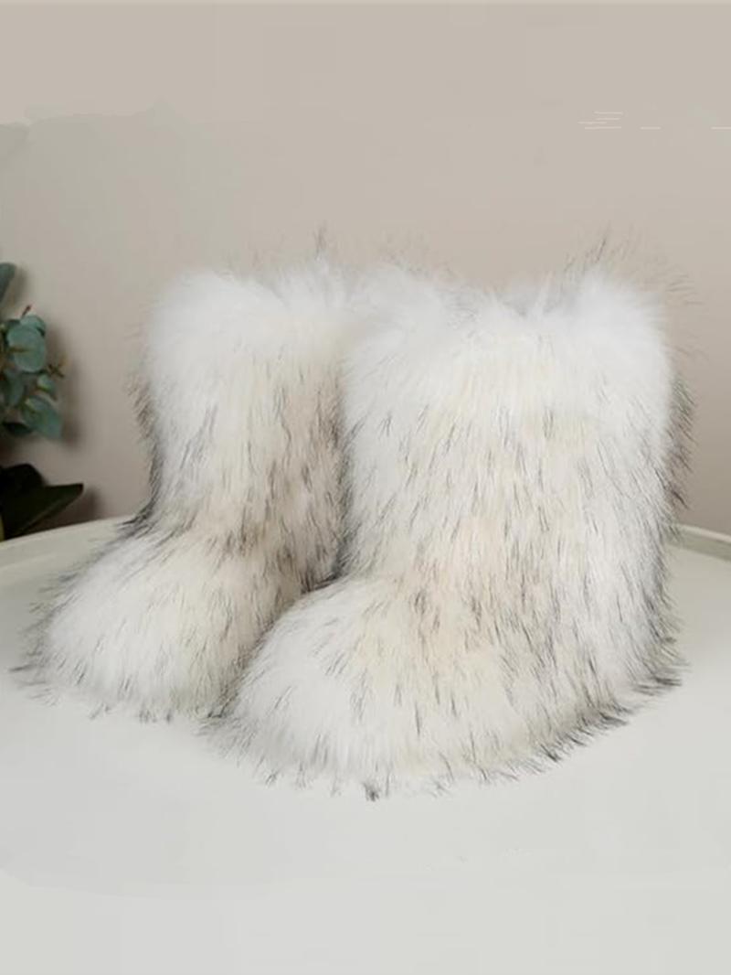 Women's Solid Color Faux Fur Boot, Fluffy Ankle Snow Boots, Warm Comfortable Outdoor Flat Shoes for Cold Winter, Trending Shoes