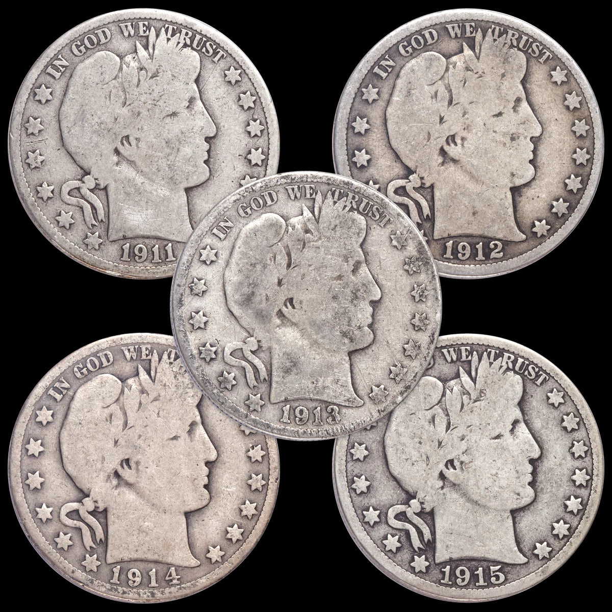 1906-1915 Barber Half Dollar Set (10PCS) VG 90% Silver