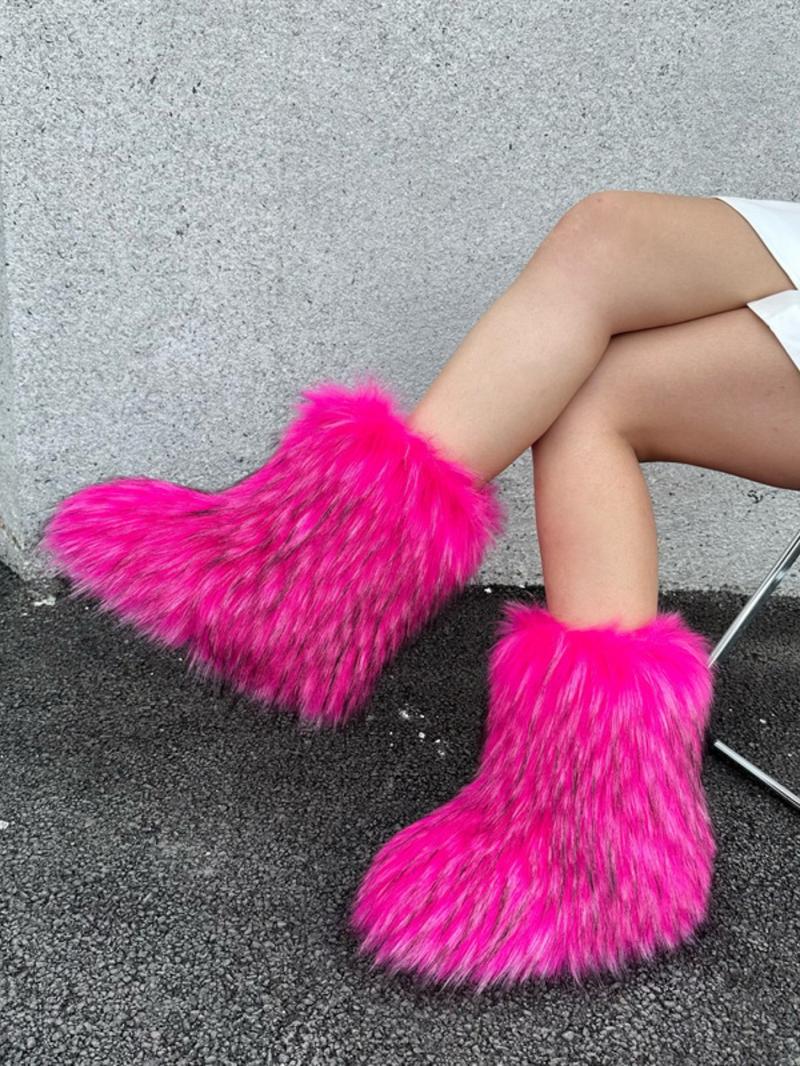 Women's Solid Color Faux Fur Boot, Fluffy Ankle Snow Boots, Warm Comfortable Outdoor Flat Shoes for Cold Winter, Trending Shoes