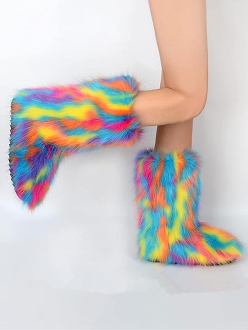 Women's Solid Color Faux Fur Boot, Fluffy Ankle Snow Boots, Warm Comfortable Outdoor Flat Shoes for Cold Winter, Trending Shoes