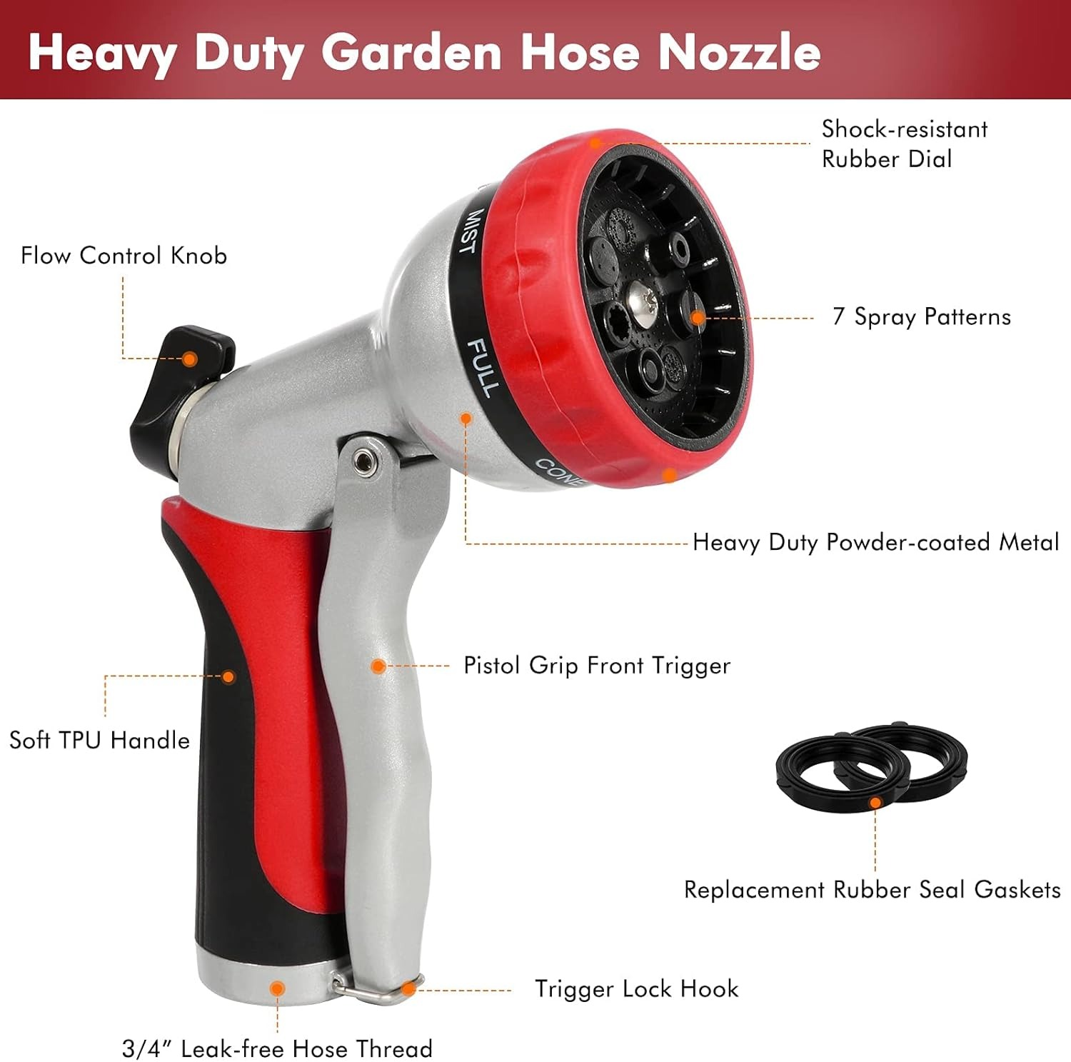 Heavy Duty Metal Water Hose Nozzle with 7 Adjustable Spray Patterns