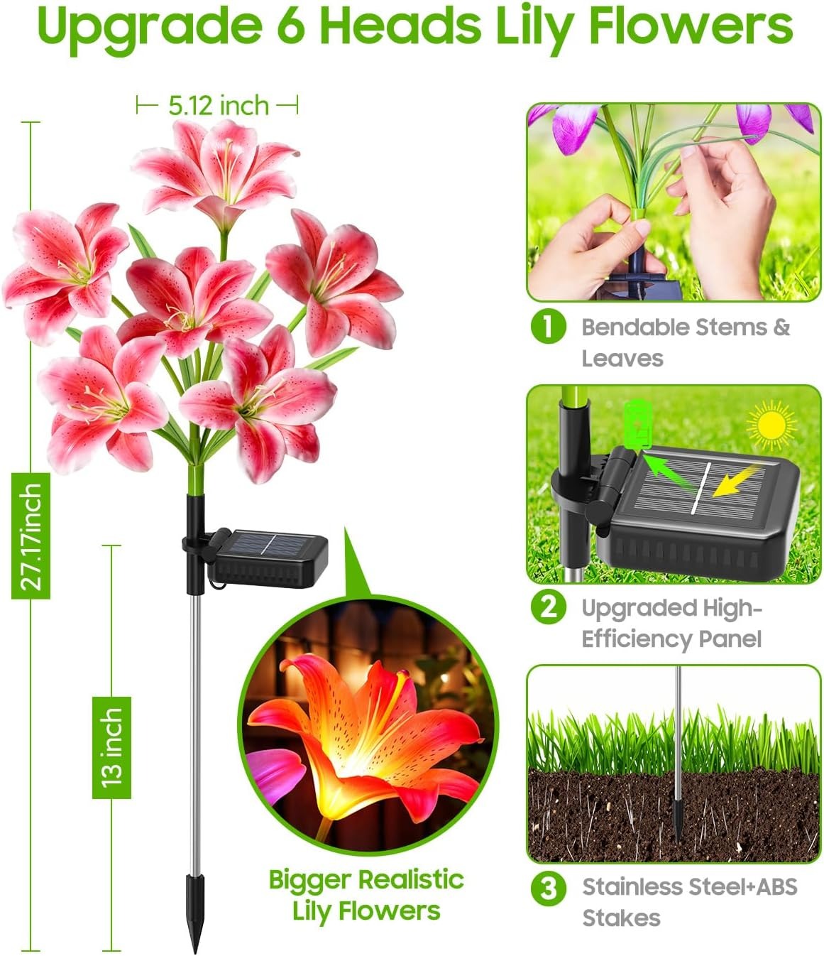 4 Pack Solar Flower Lights with 6 Head Bigger Lily Lights