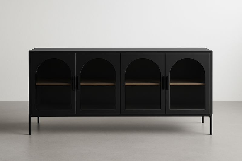 Aparador negro de acero con puertas de vidrio templado, 180×80×40 cm