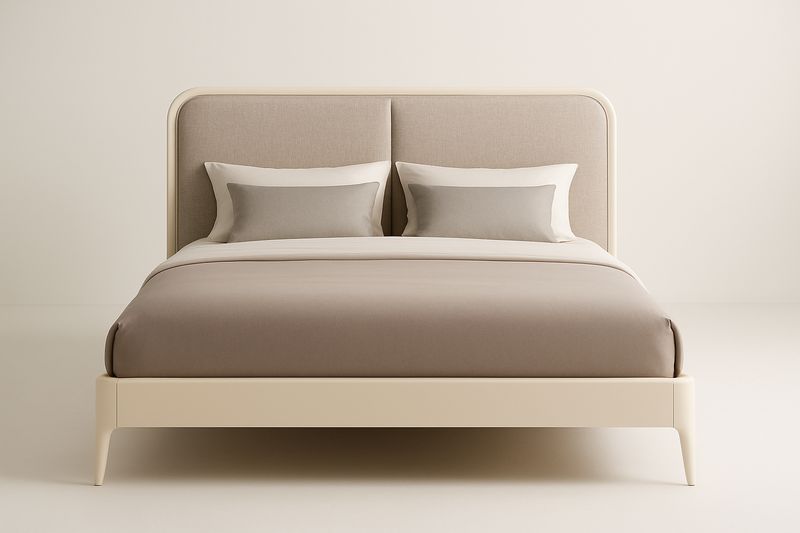 Cama doble de madera de haya con tapizado beige, 200x160x120 cm