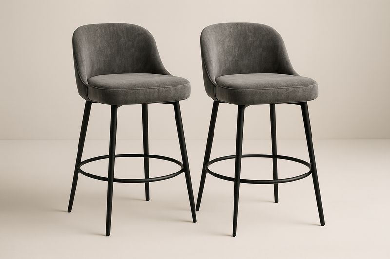 Juego de 2 taburetes de bar gris oscuro con asiento de poliéster y patas de metal con asiento acolchado