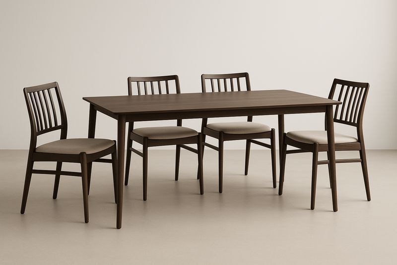 Conjunto de mesa y sillas marrón oscuro de madera de caucho con asientos de espuma de poliuretano y tapizado en poliéster