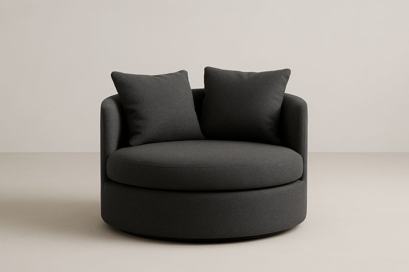 Sillón redondo de tela poliéster gris oscuro con cojines removibles