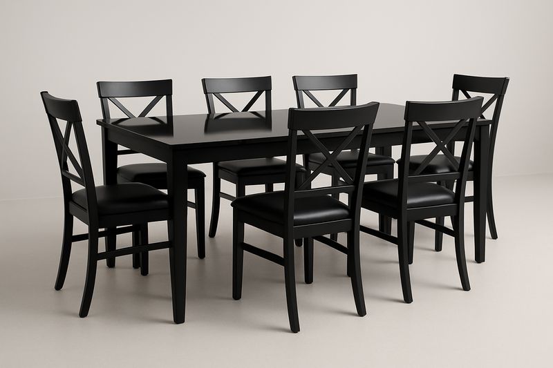 Conjunto de mesa de comedor negra con 7 sillas de madera