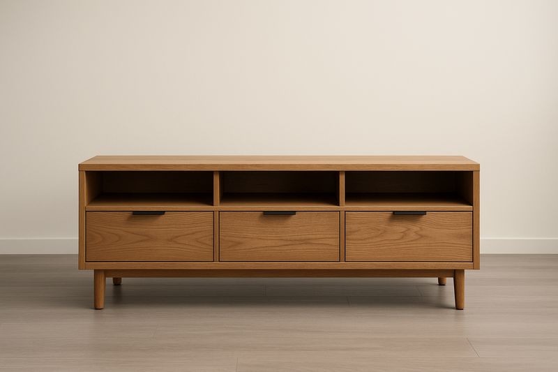 Meuble TV Bois Chêne 3 Tiroirs 3 Compartiments 140x40x50 cm